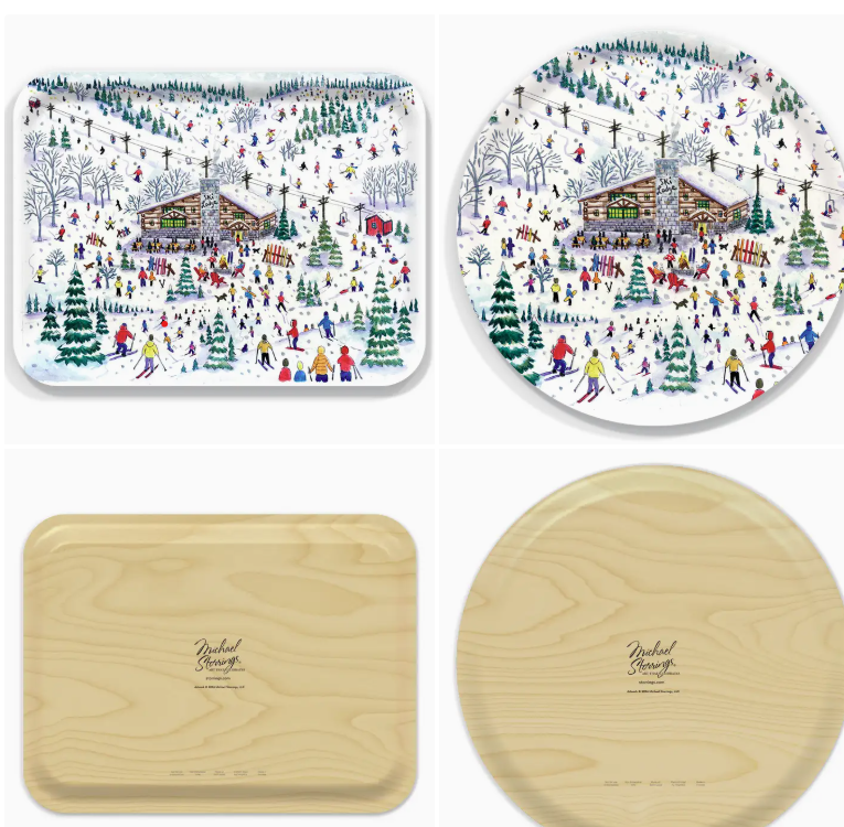 Illustrated après-ski tray and plate with skiers and a mountain lodge.