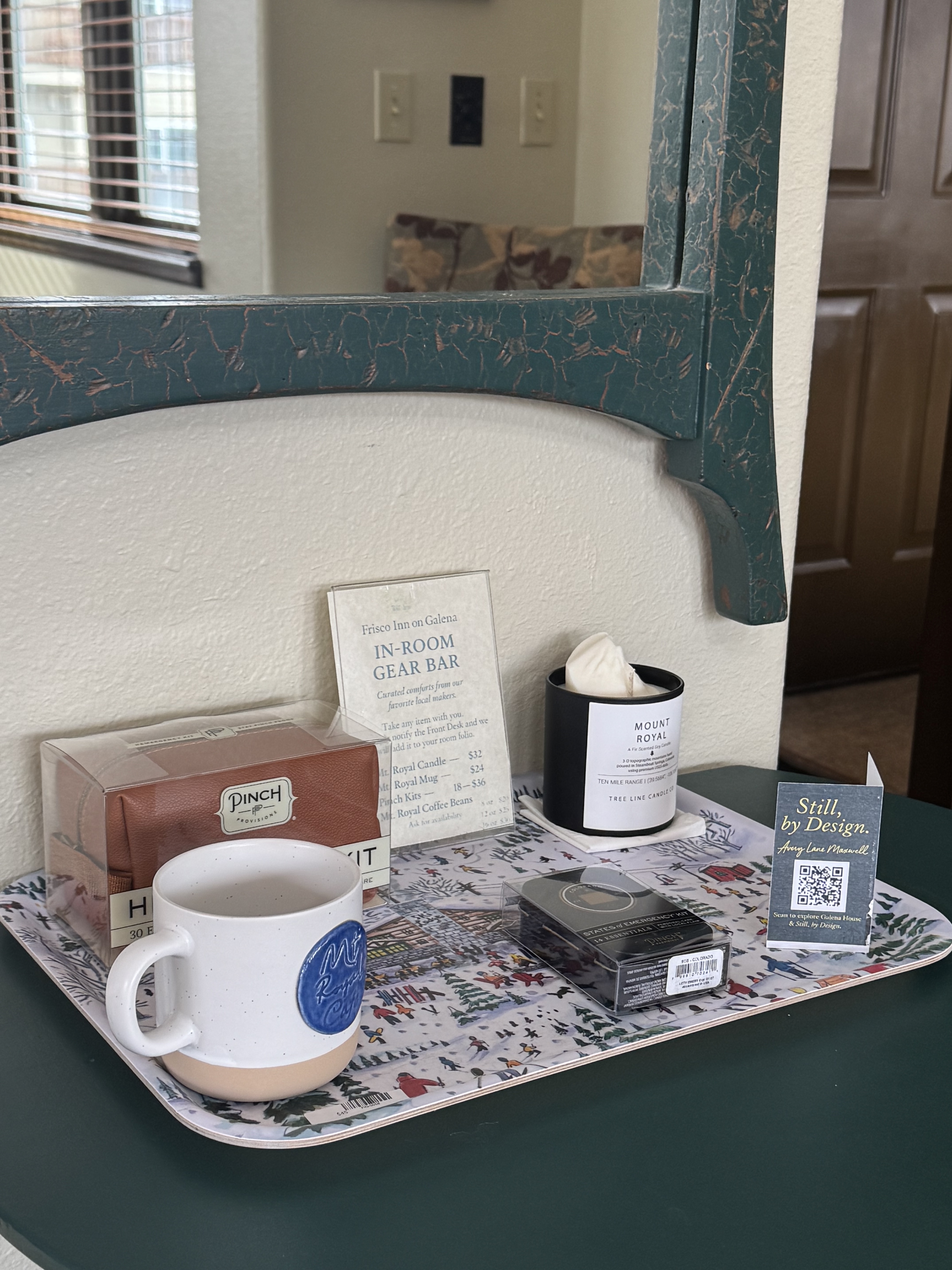 Crested tray with Mt. Royal mug, candle, and Galena Haus tent card