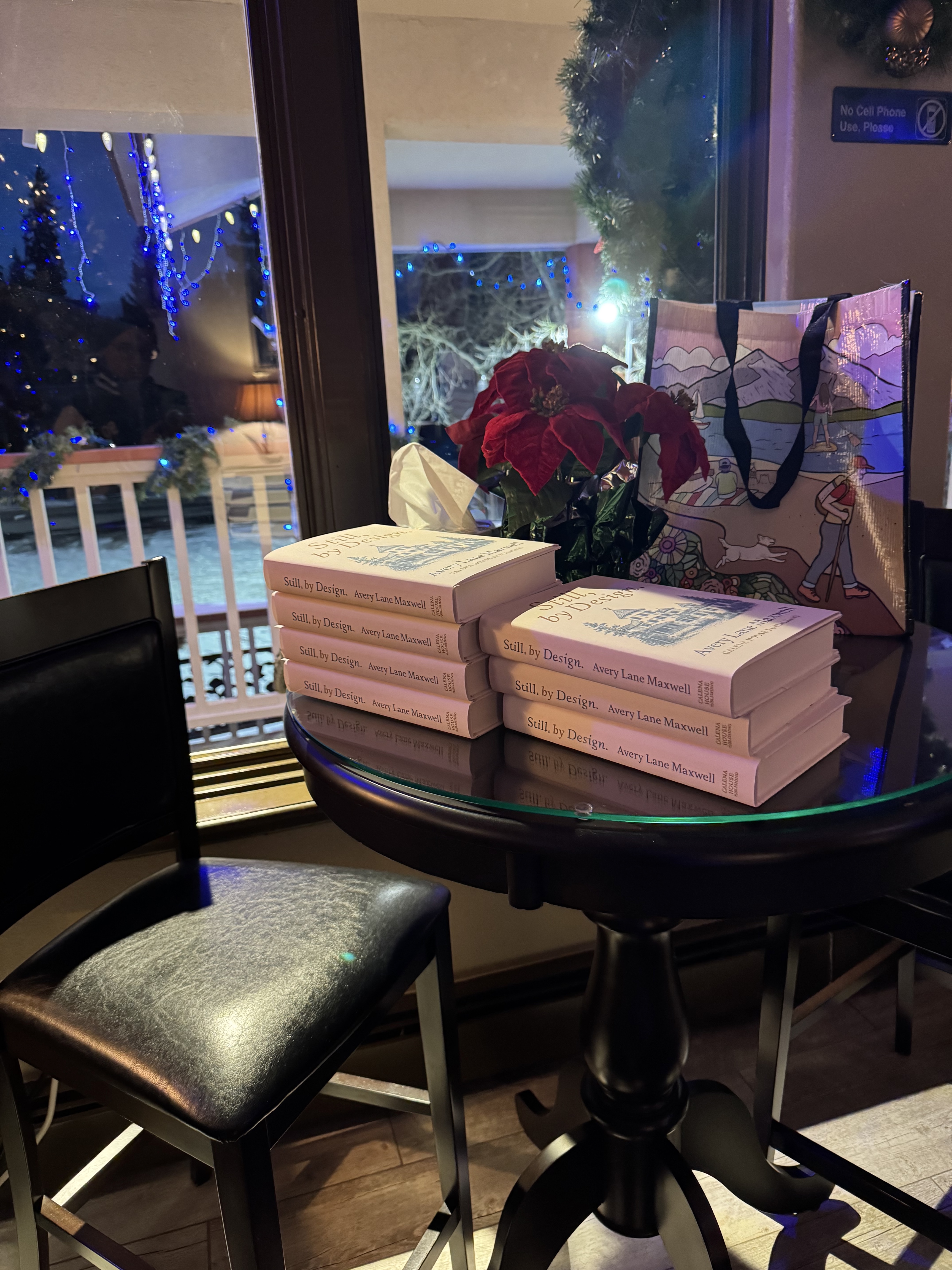 Stacks of Still, by Design. on a table at the Frisco Inn on Galena.